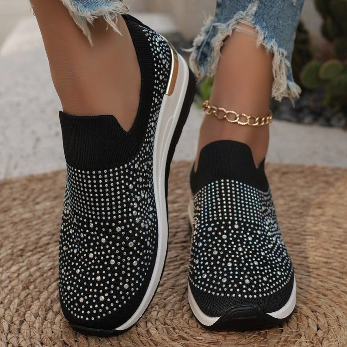Rhinestone Round Toe Slip-Ons