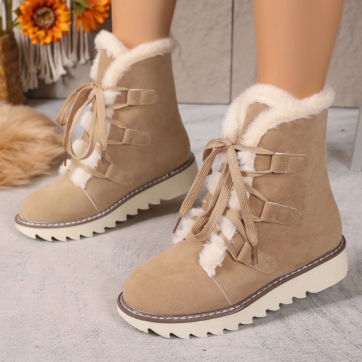 Fuzzy Trim Lace-Up Boots