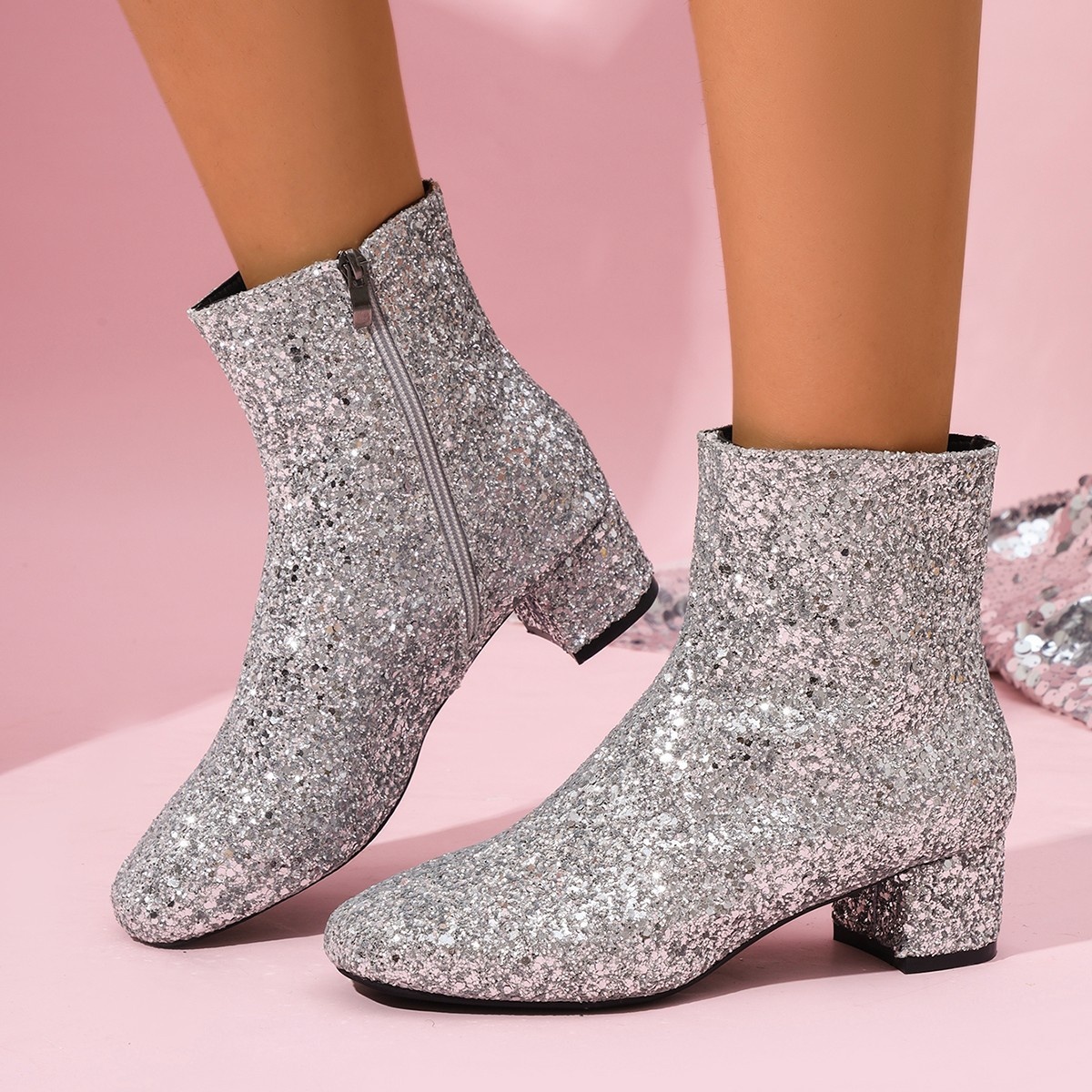 Sequin Round Toe Block Heels Boots