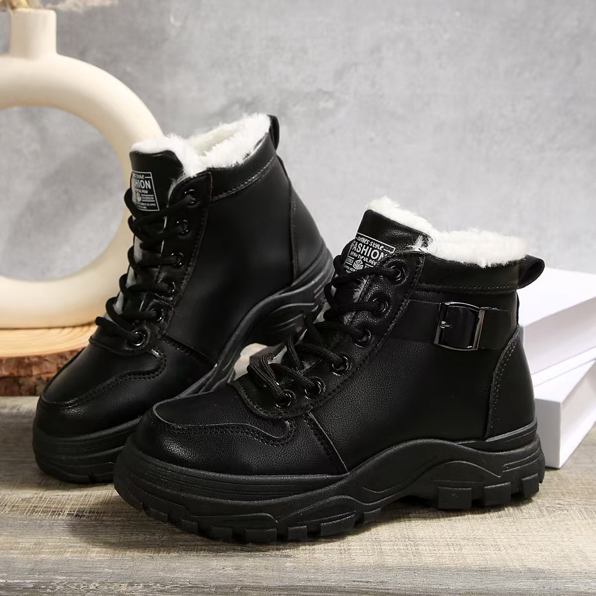 Lace-Up Ankle Boots with Buckle Detail