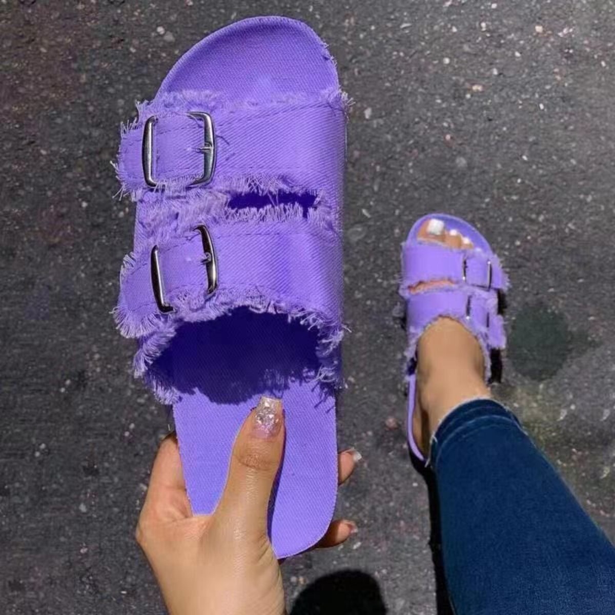 Frayed Edge Buckle Sandals