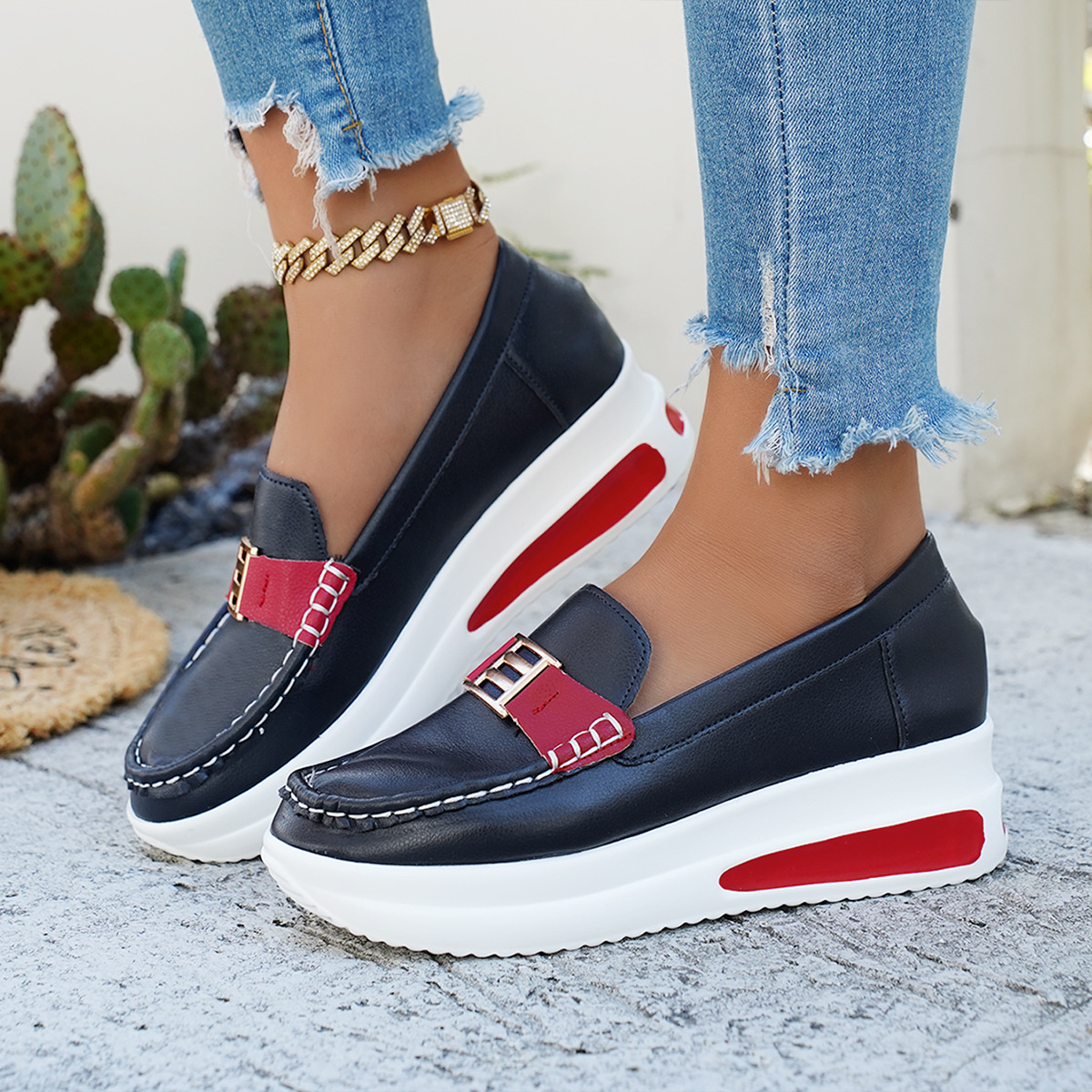 Metal Buckle Round Toe Slip-Ons
