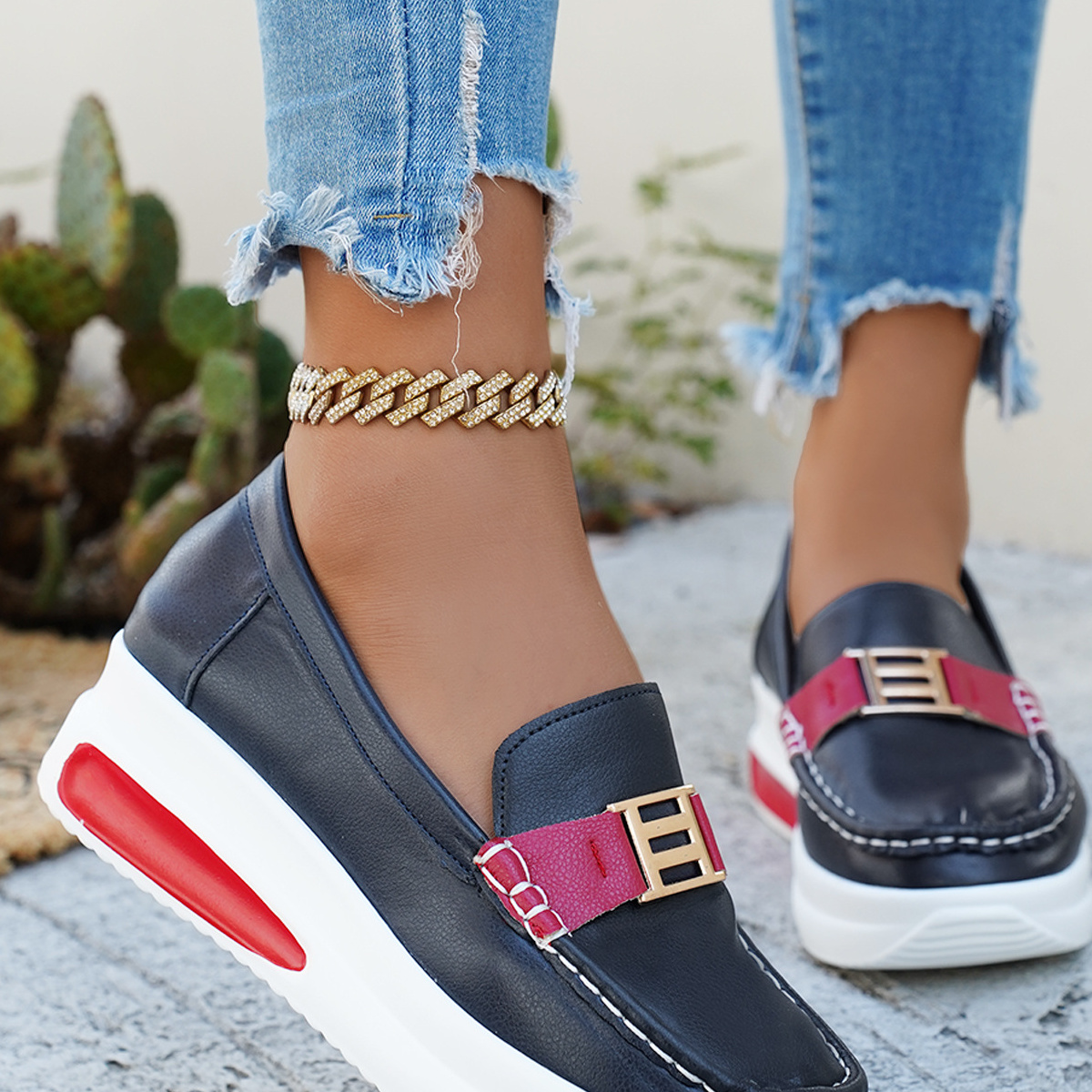 Metal Buckle Round Toe Slip-Ons