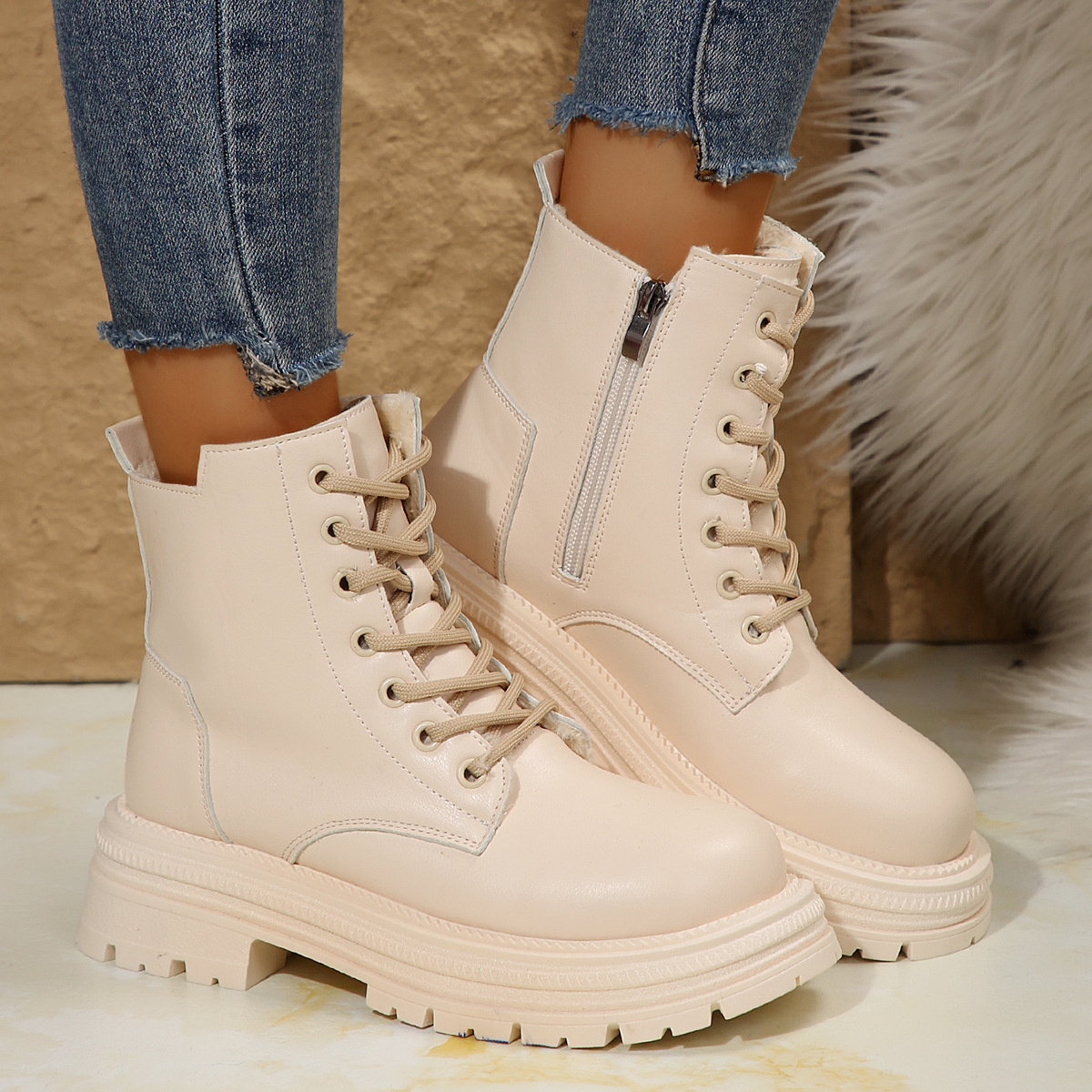 Lace Up Round Toe Platform Boots