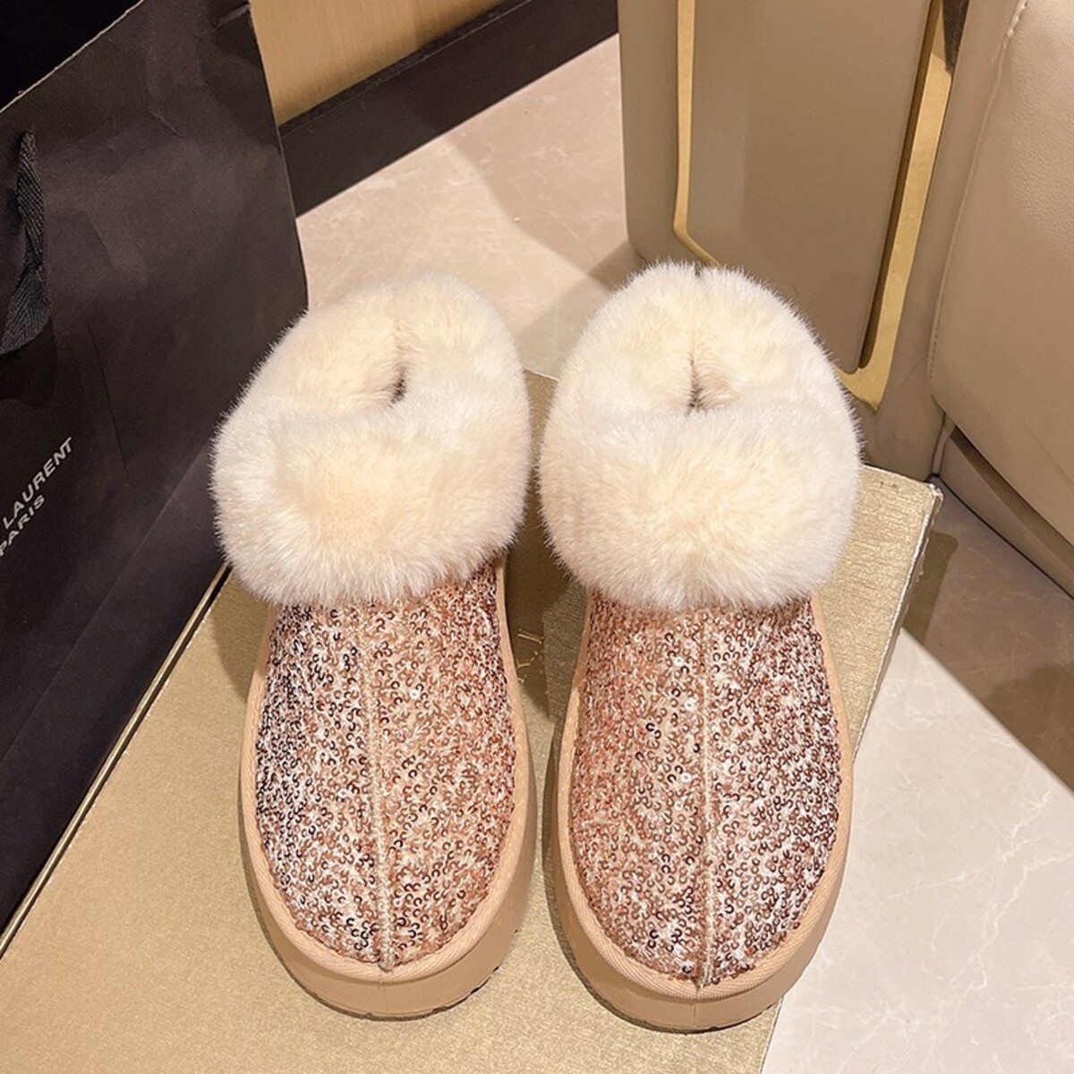 Sequin Round Toe Platform Boots