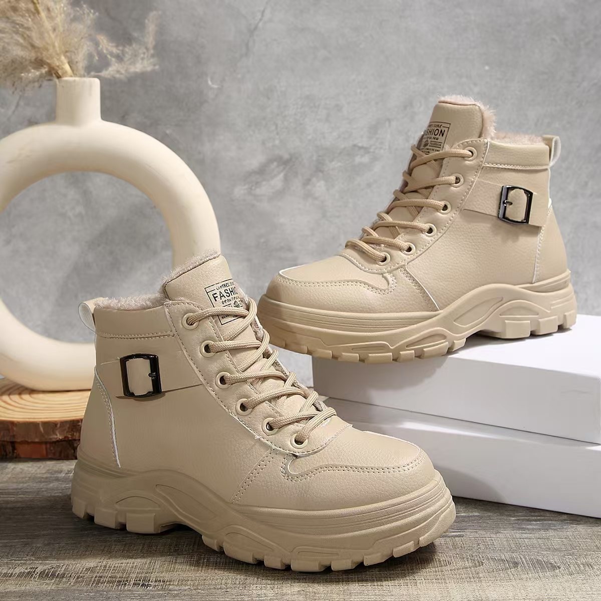 Lace-Up Ankle Boots with Buckle Detail