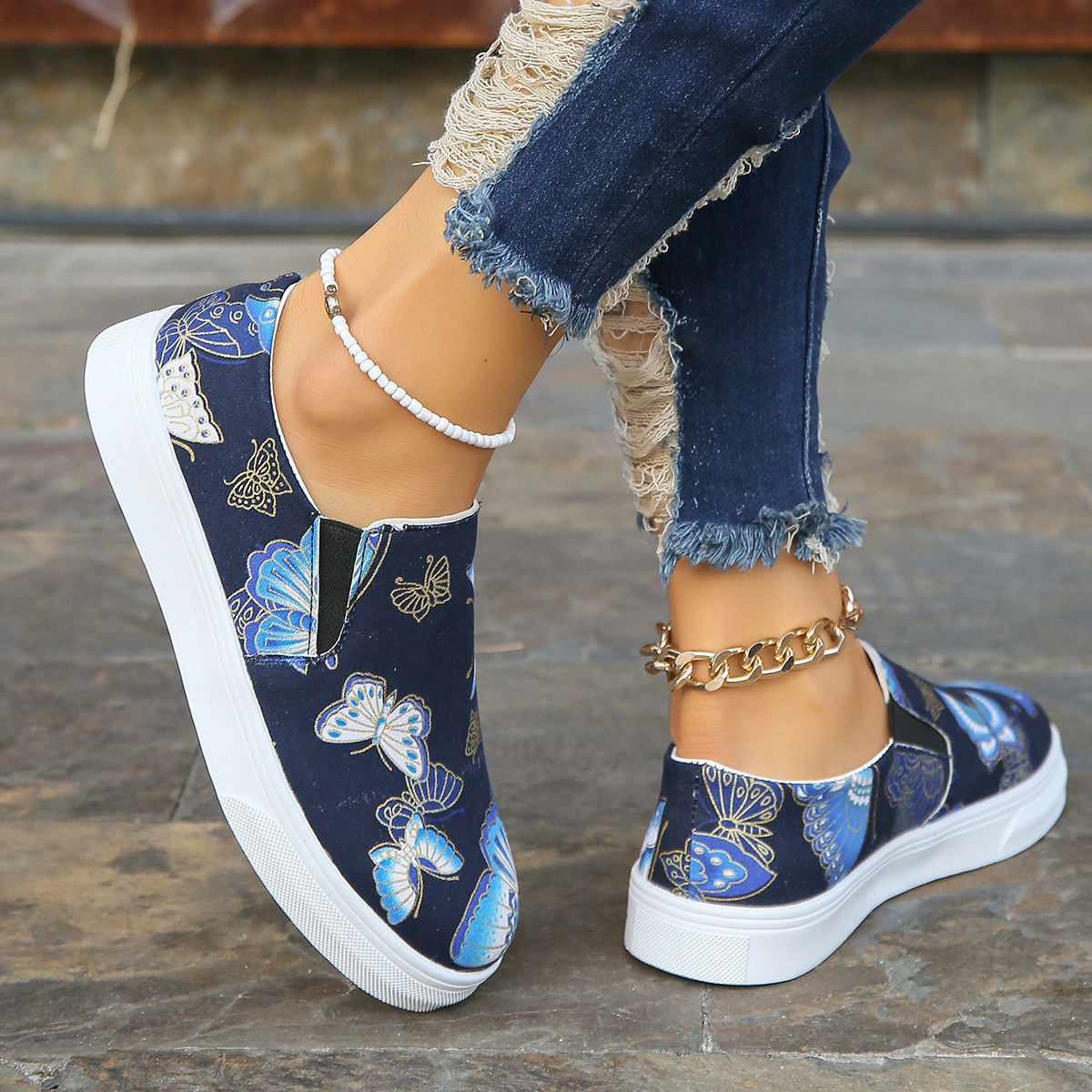 Butterfly Print Round Toe Slip-Ons