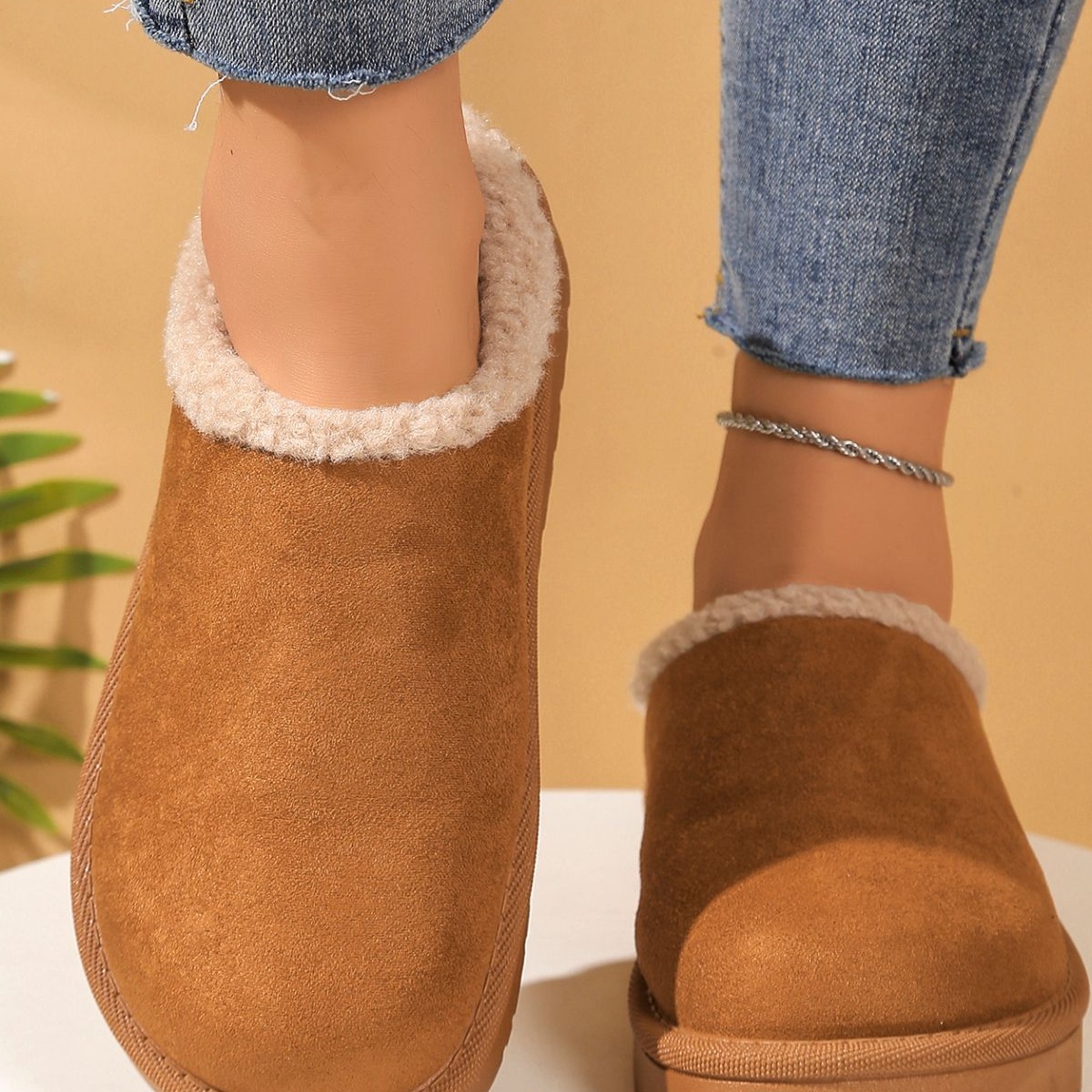 Plush Lined Round Toe Slippers