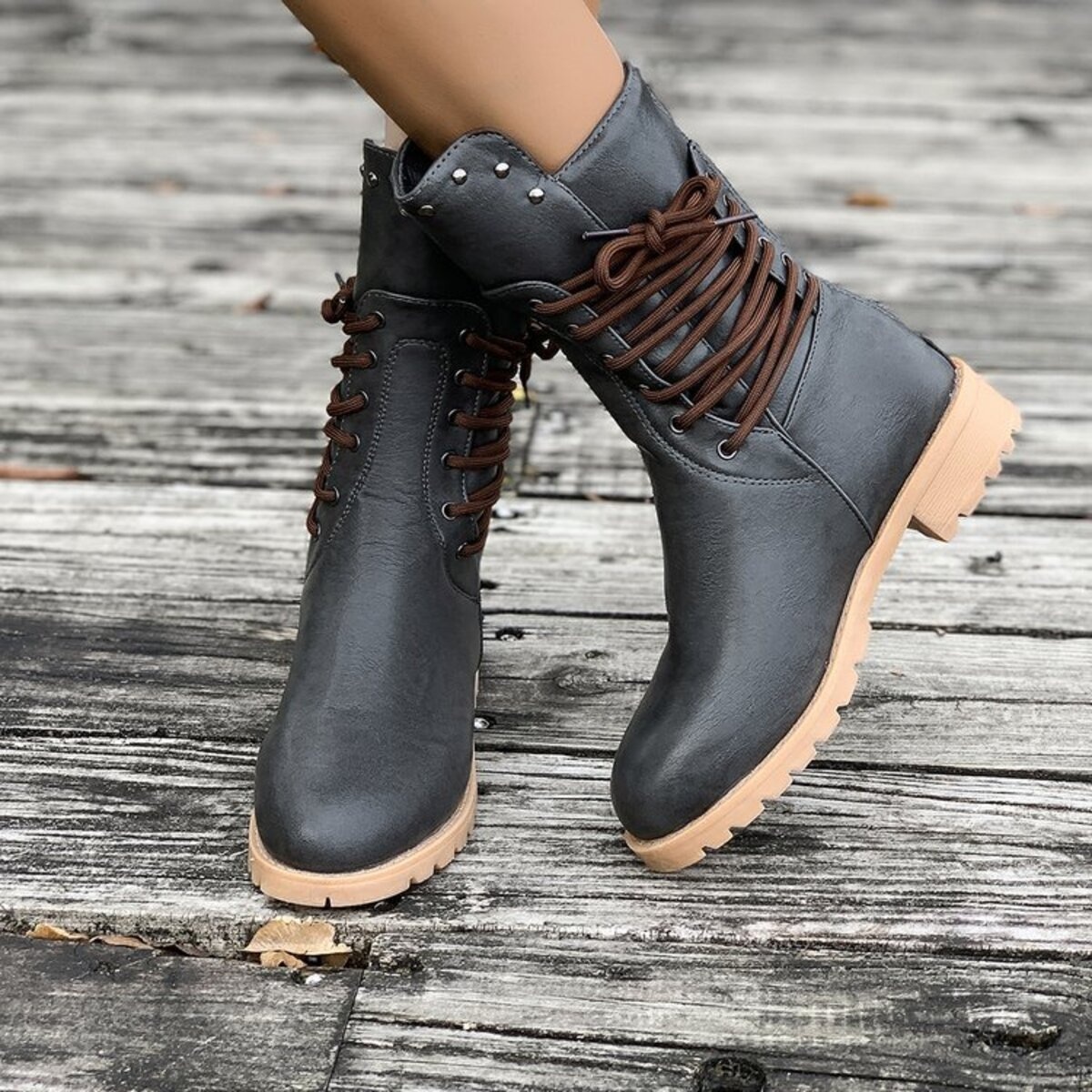 Lace Up Block Heels Boots