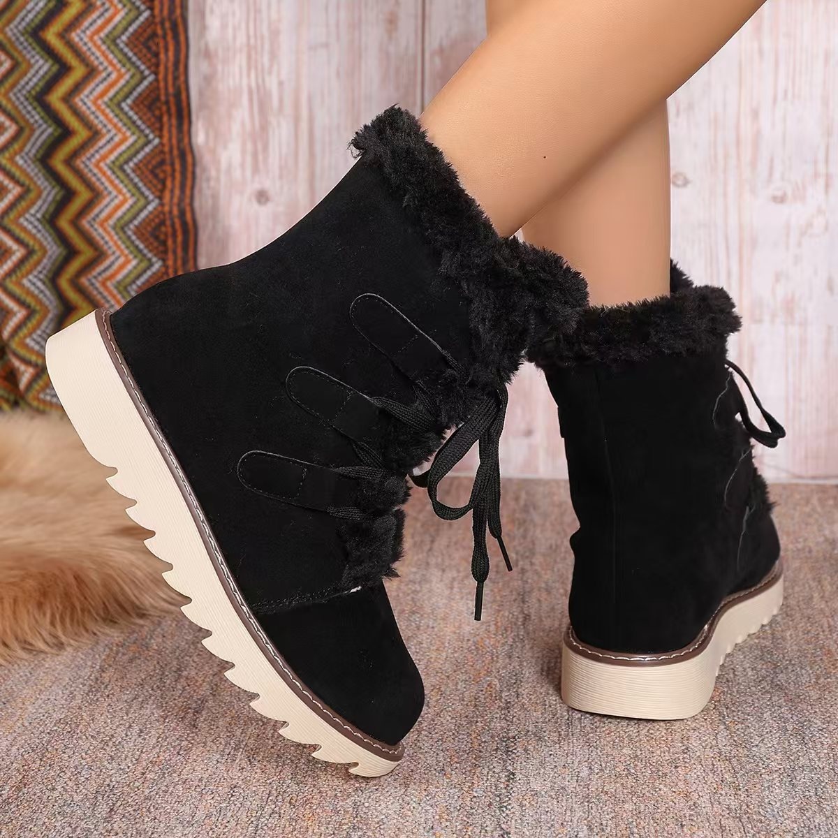 Fuzzy Trim Lace-Up Boots