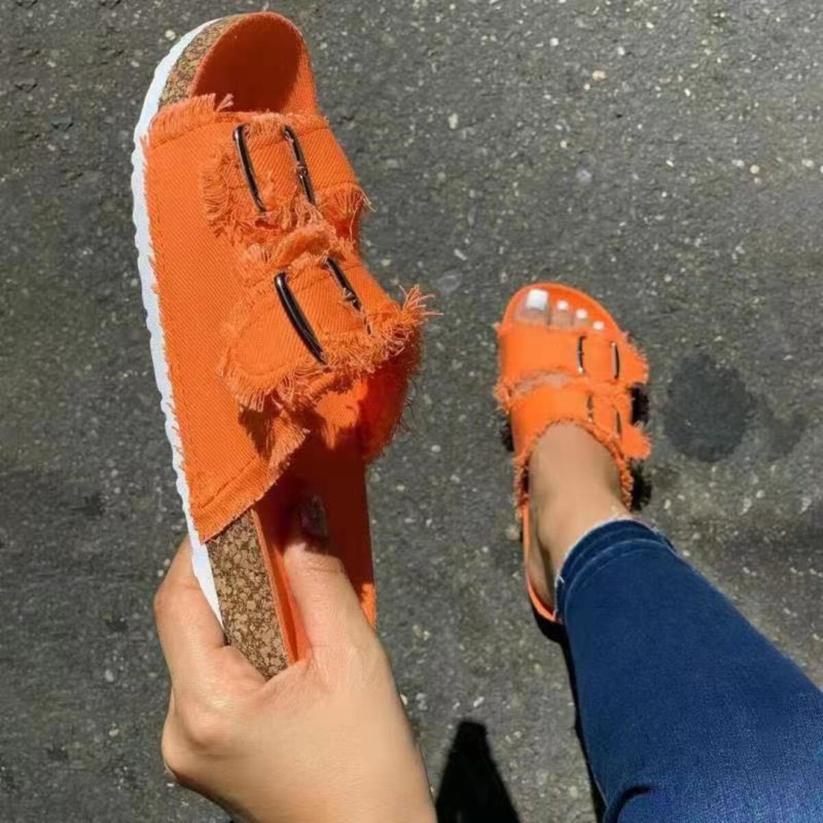 Frayed Edge Buckle Sandals