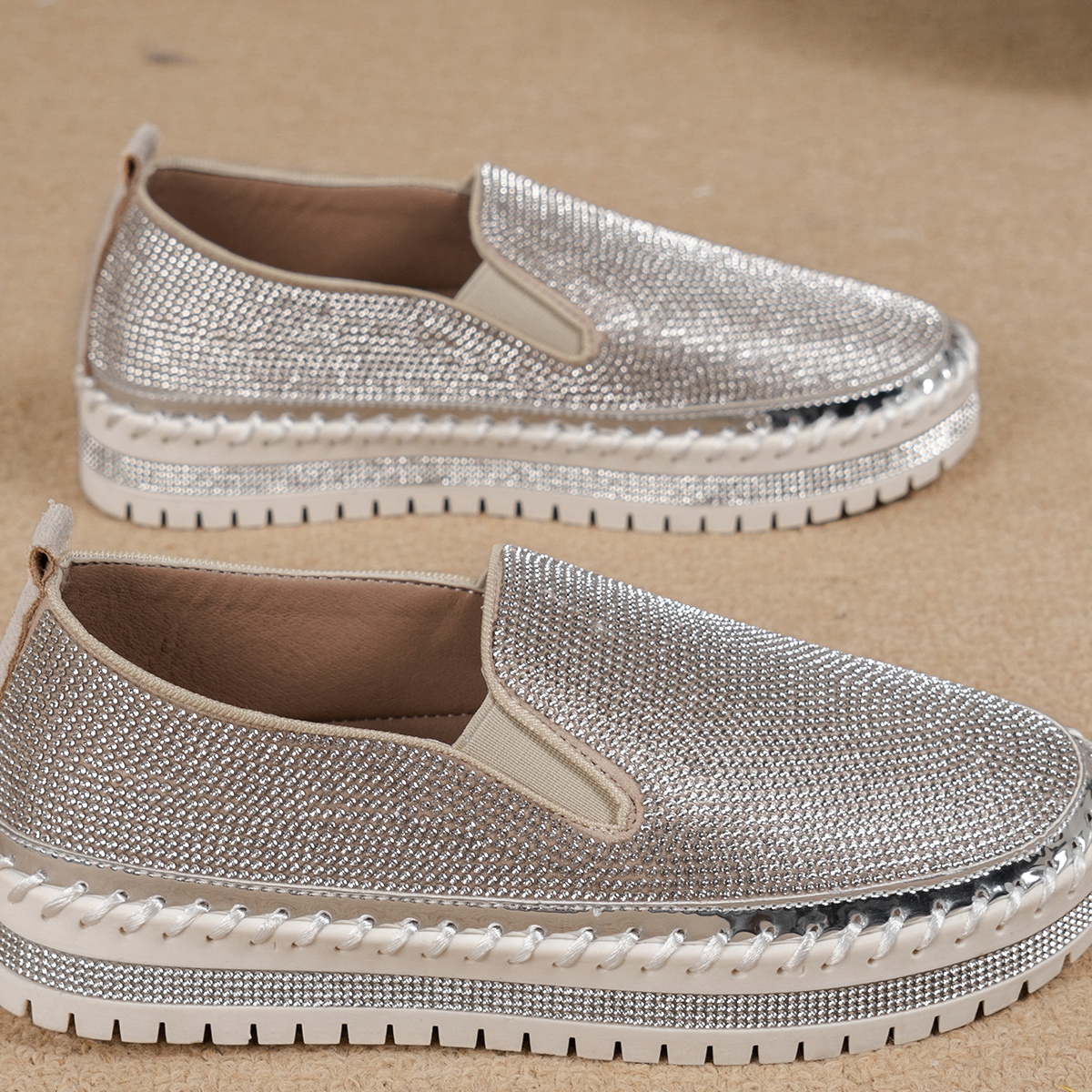 Rhinestone Round Toe Platform Loafers
