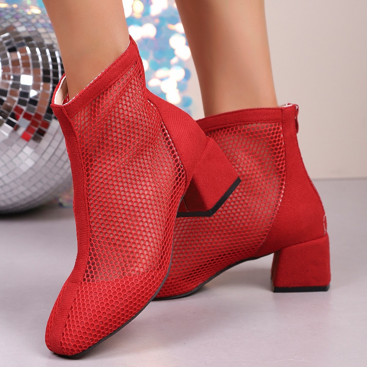 Mesh Block Heel Boots