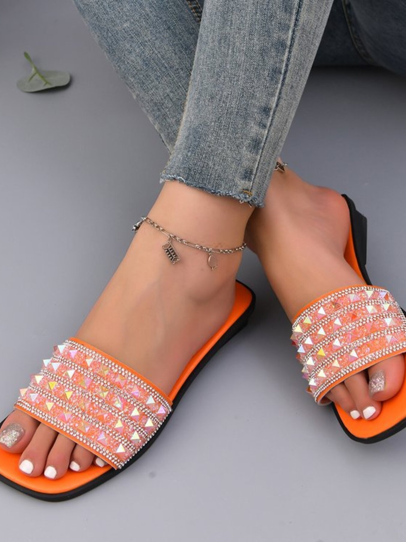 Studded Open Toe Flat Sandals