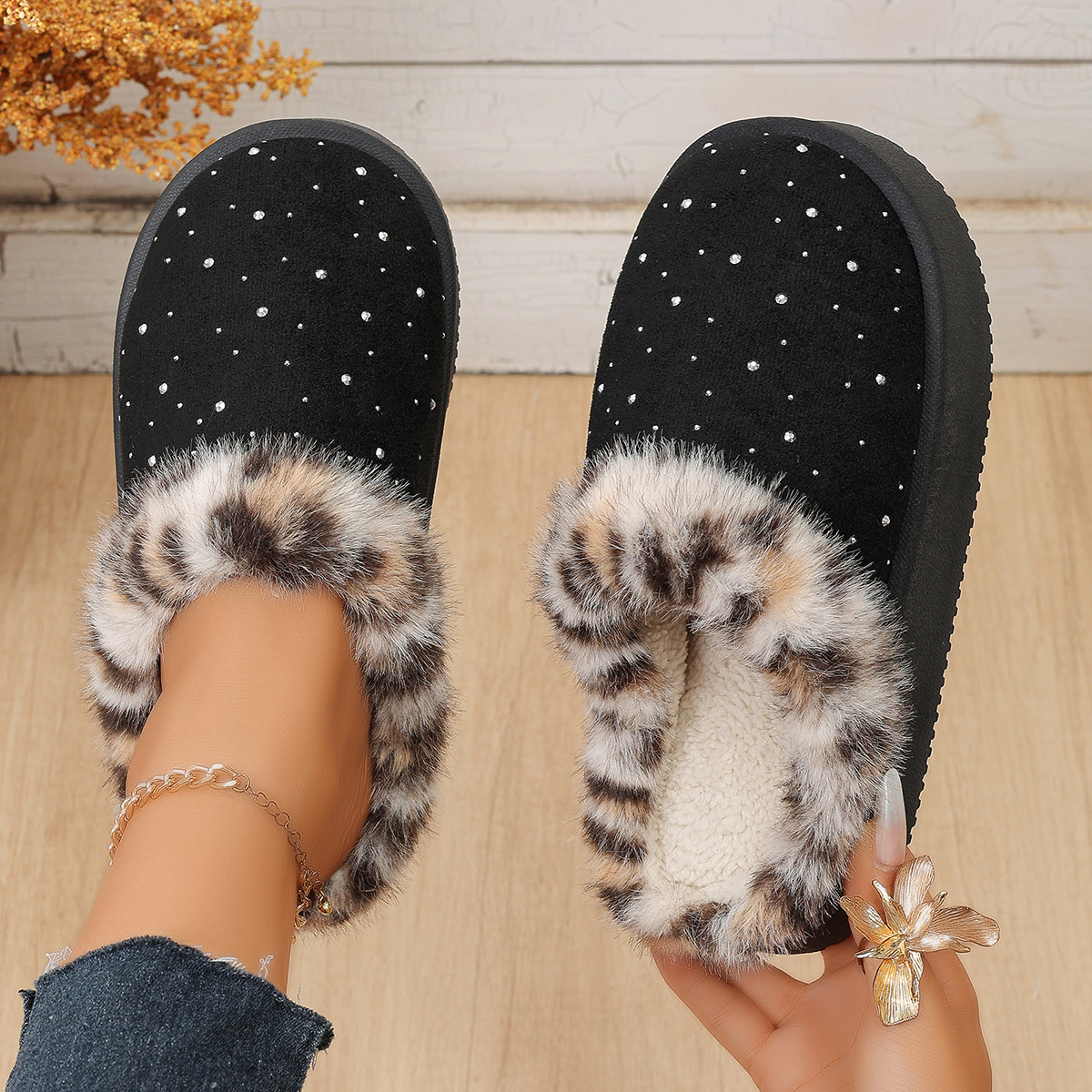 Rhinestone Faux Fur Platform Slippers