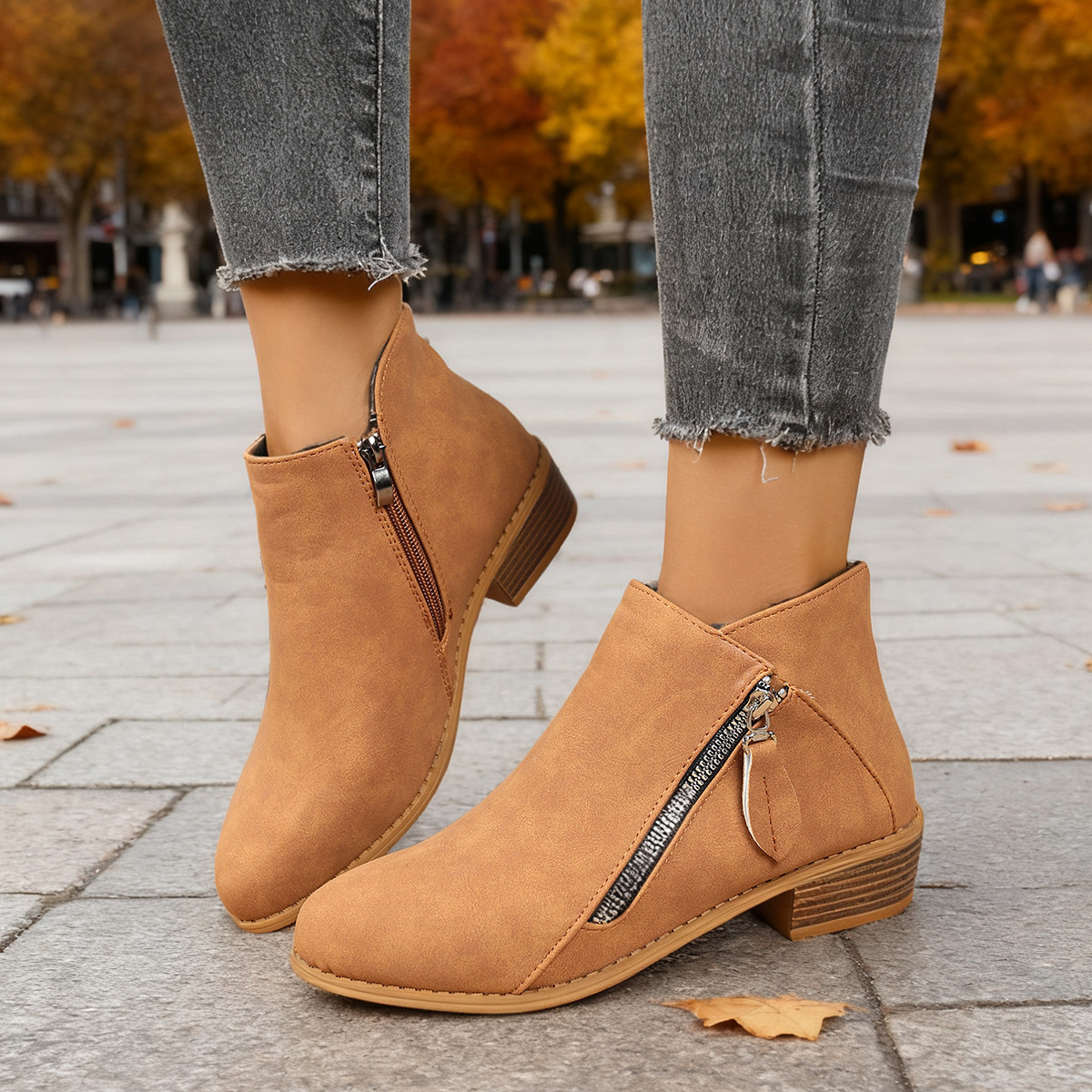 Size Zipper Block Heels Boots