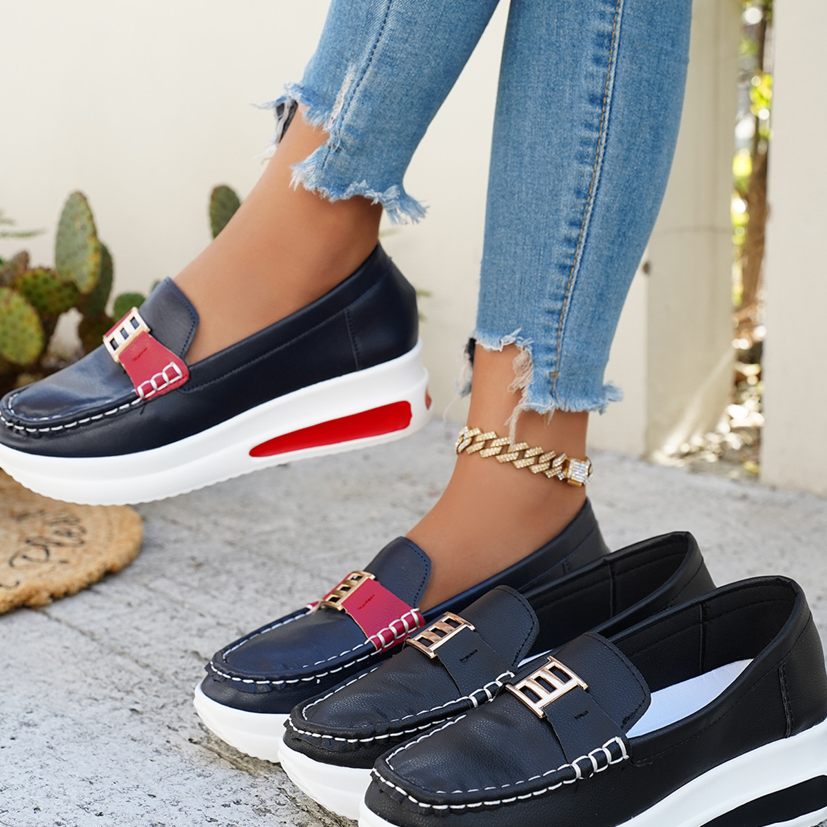Metal Buckle Round Toe Slip-Ons
