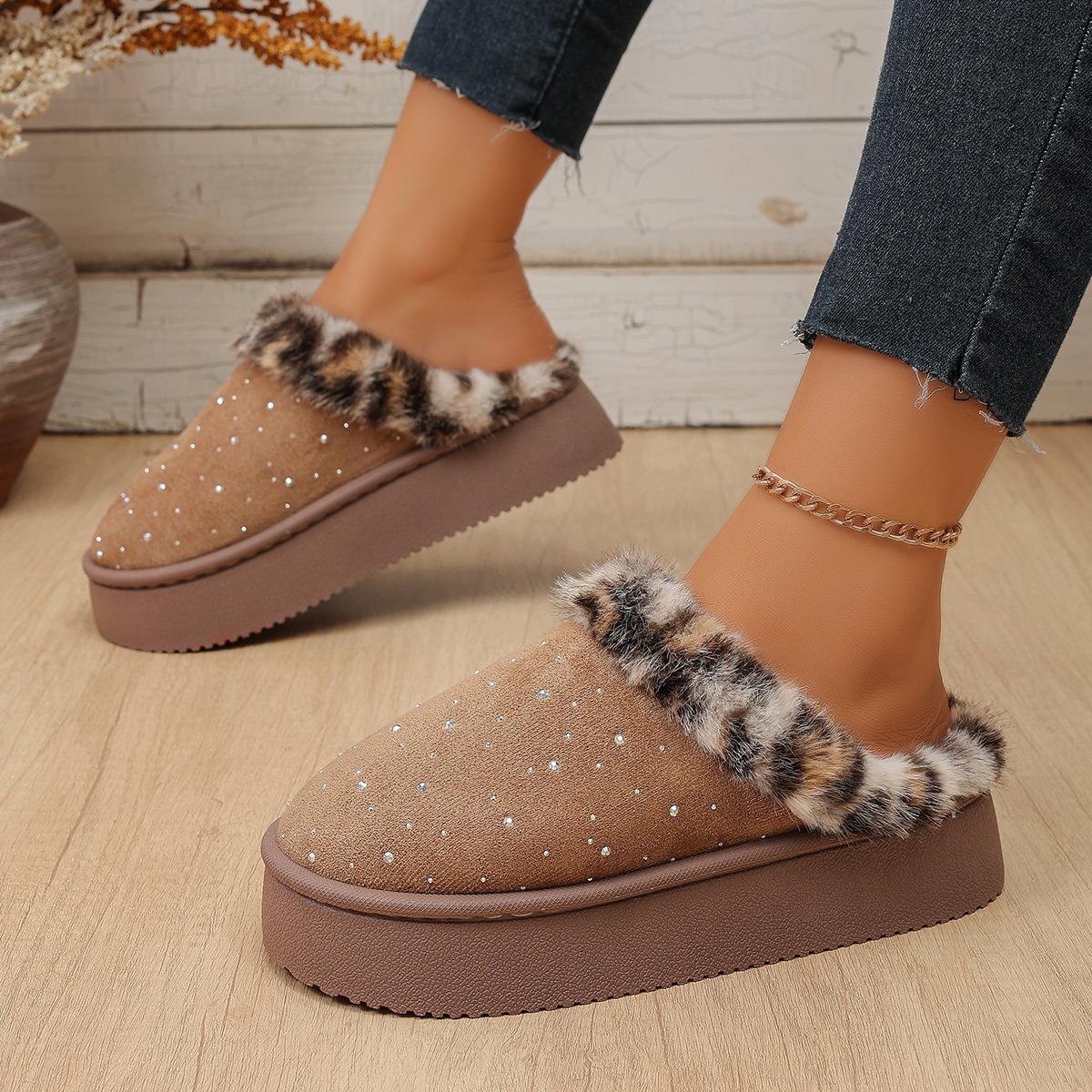 Rhinestone Faux Fur Platform Slippers