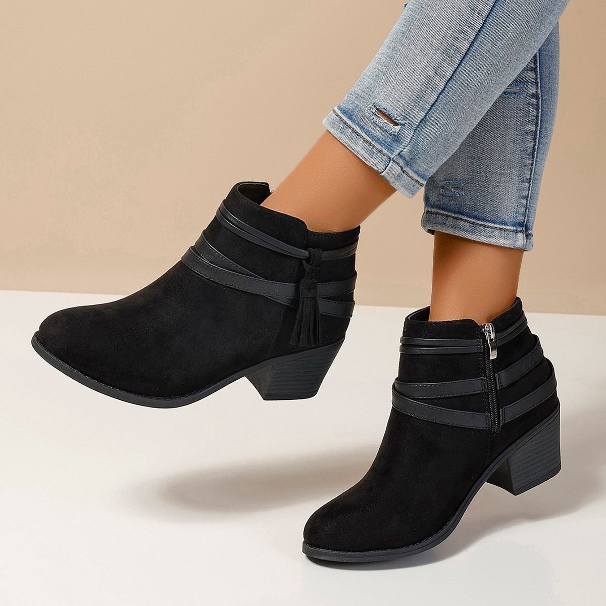 Tassel Point Toe Block Heels Boots