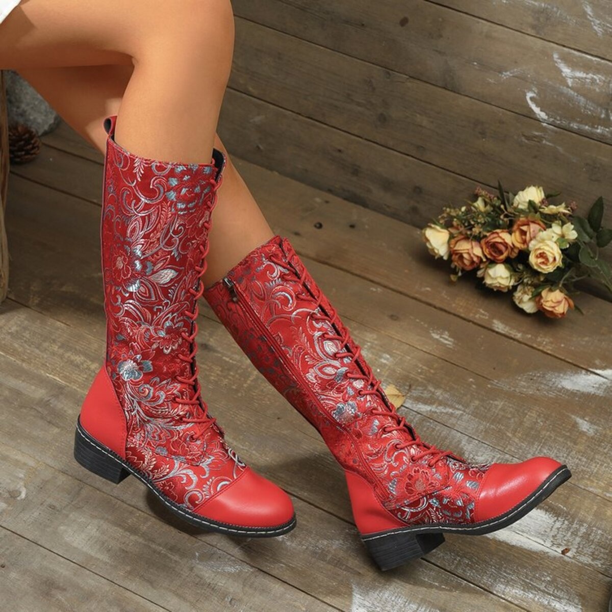 Lace Up Block Heels Boots