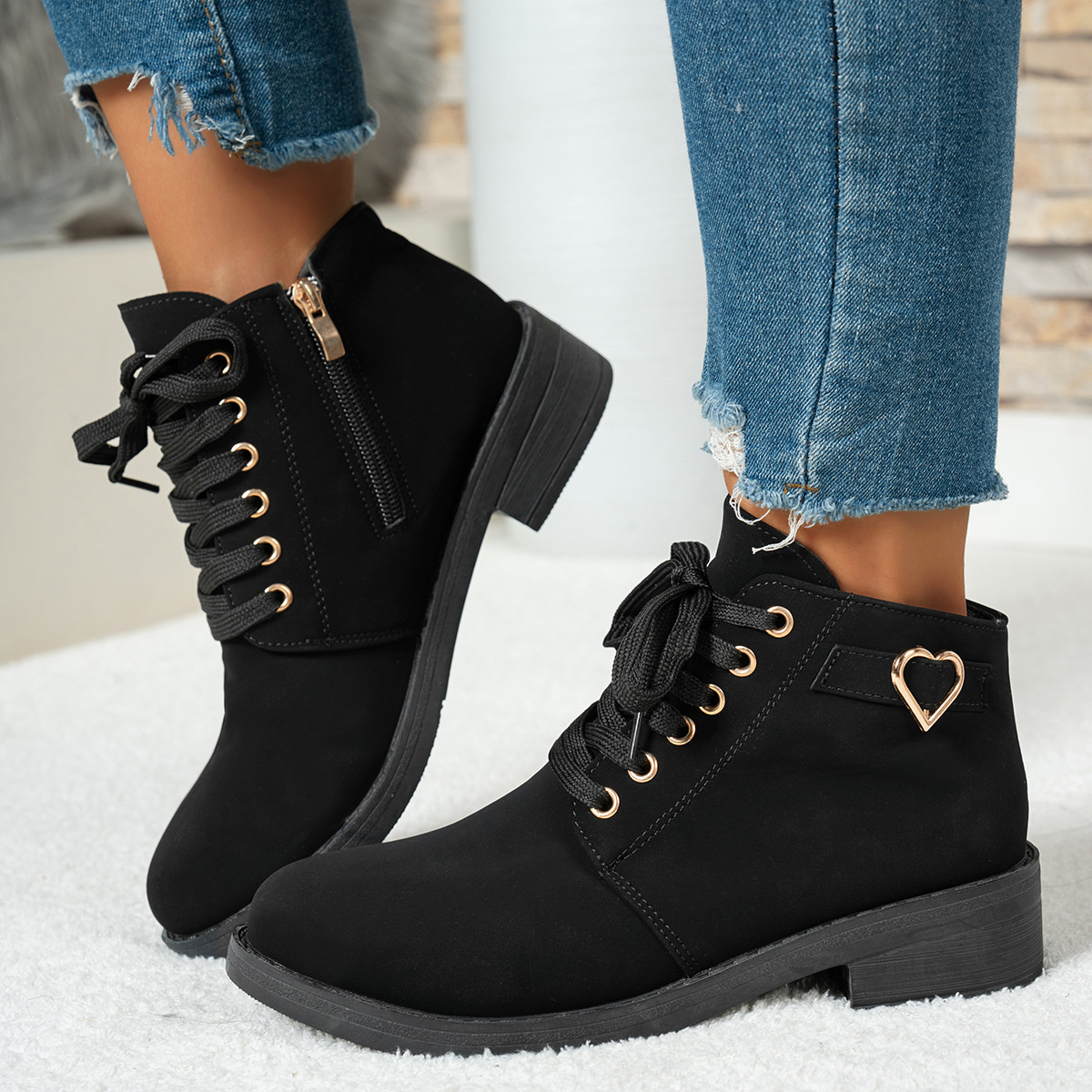 Lace-Up Ankle Boots with Heart Charm Detail