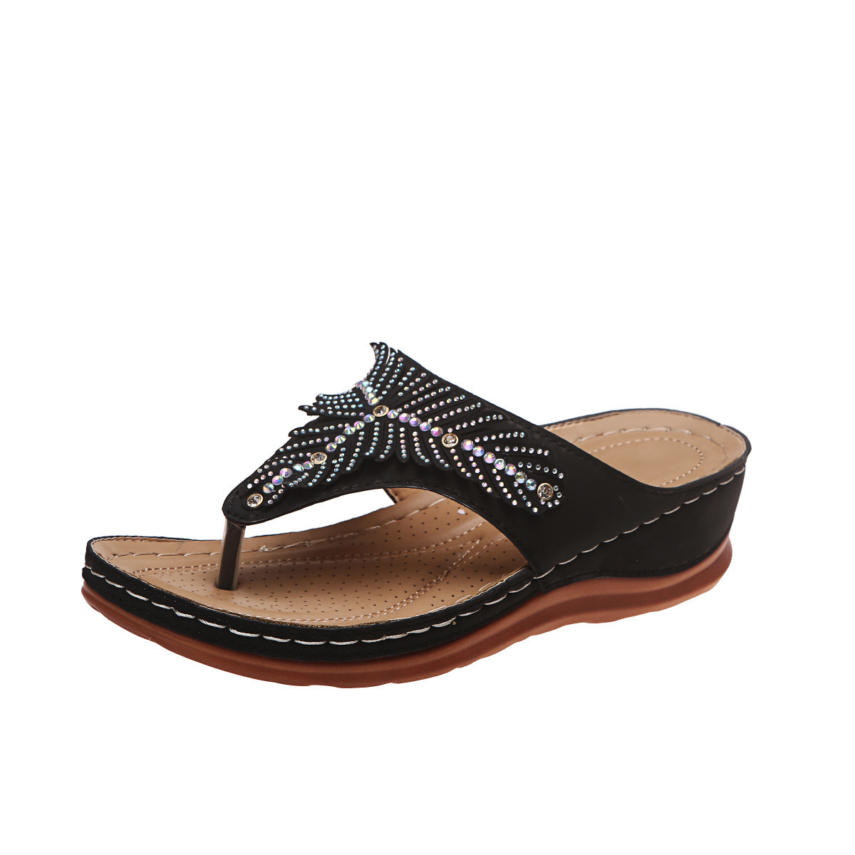 Rhinestone Toe Post Wedge Sandals