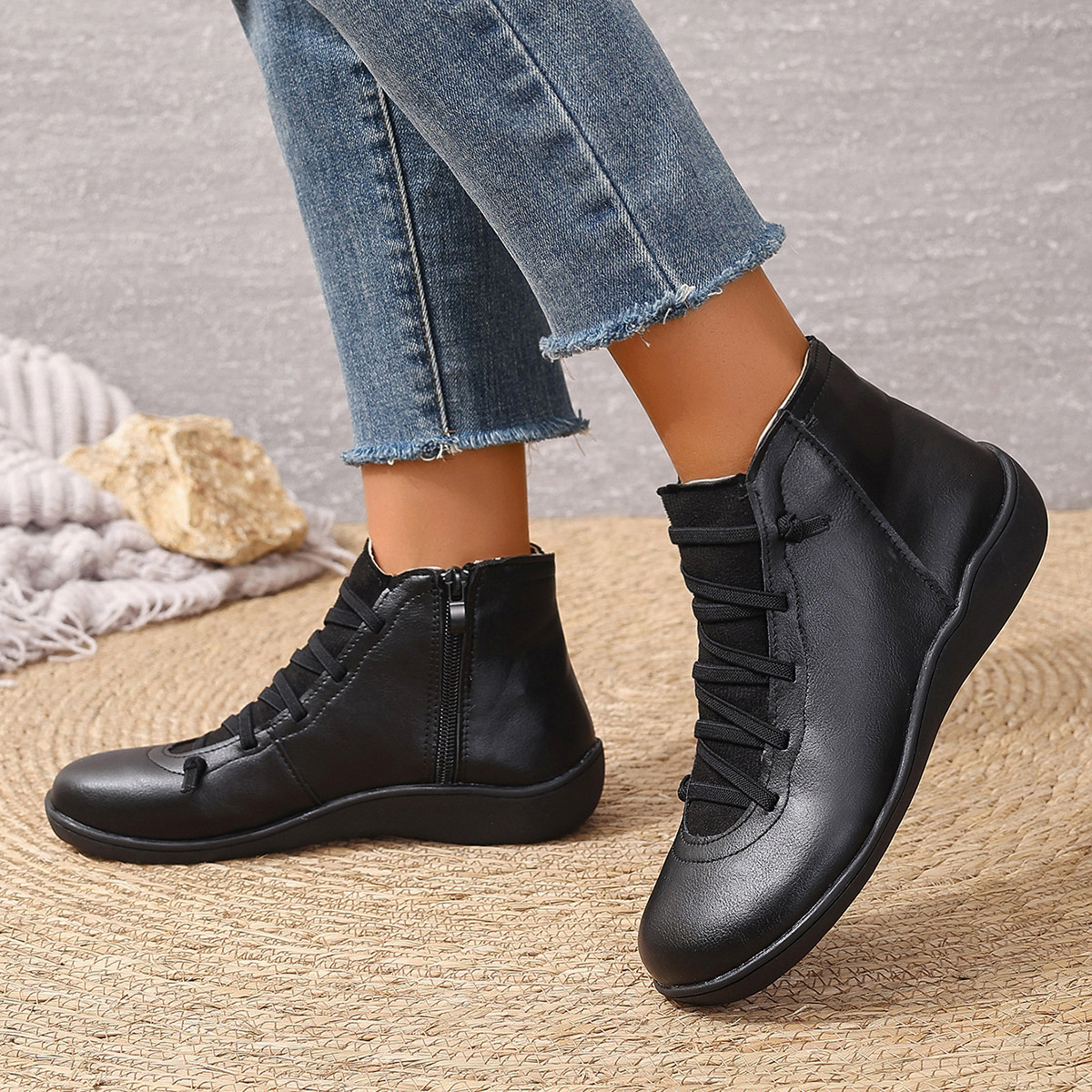 Lace-Up Faux Leather Ankle Boots