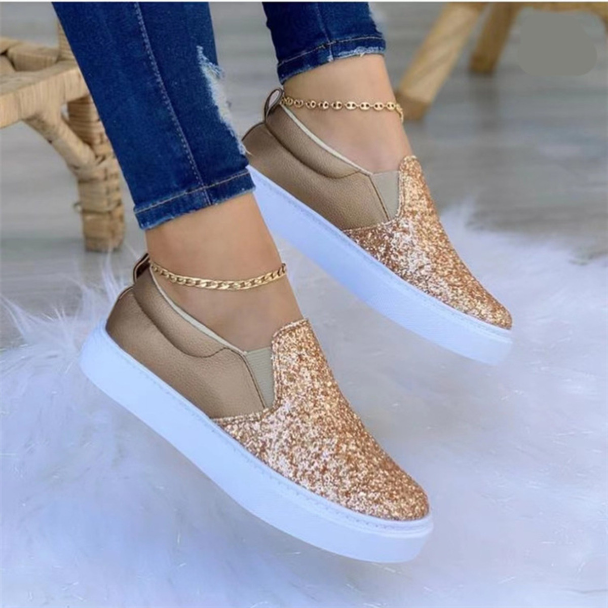 Sequin Round Toe Platform Slip-Ons