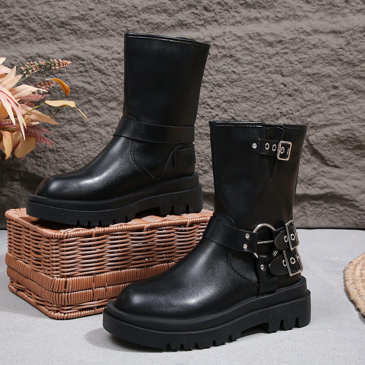 Round Toe Block Heels Boots