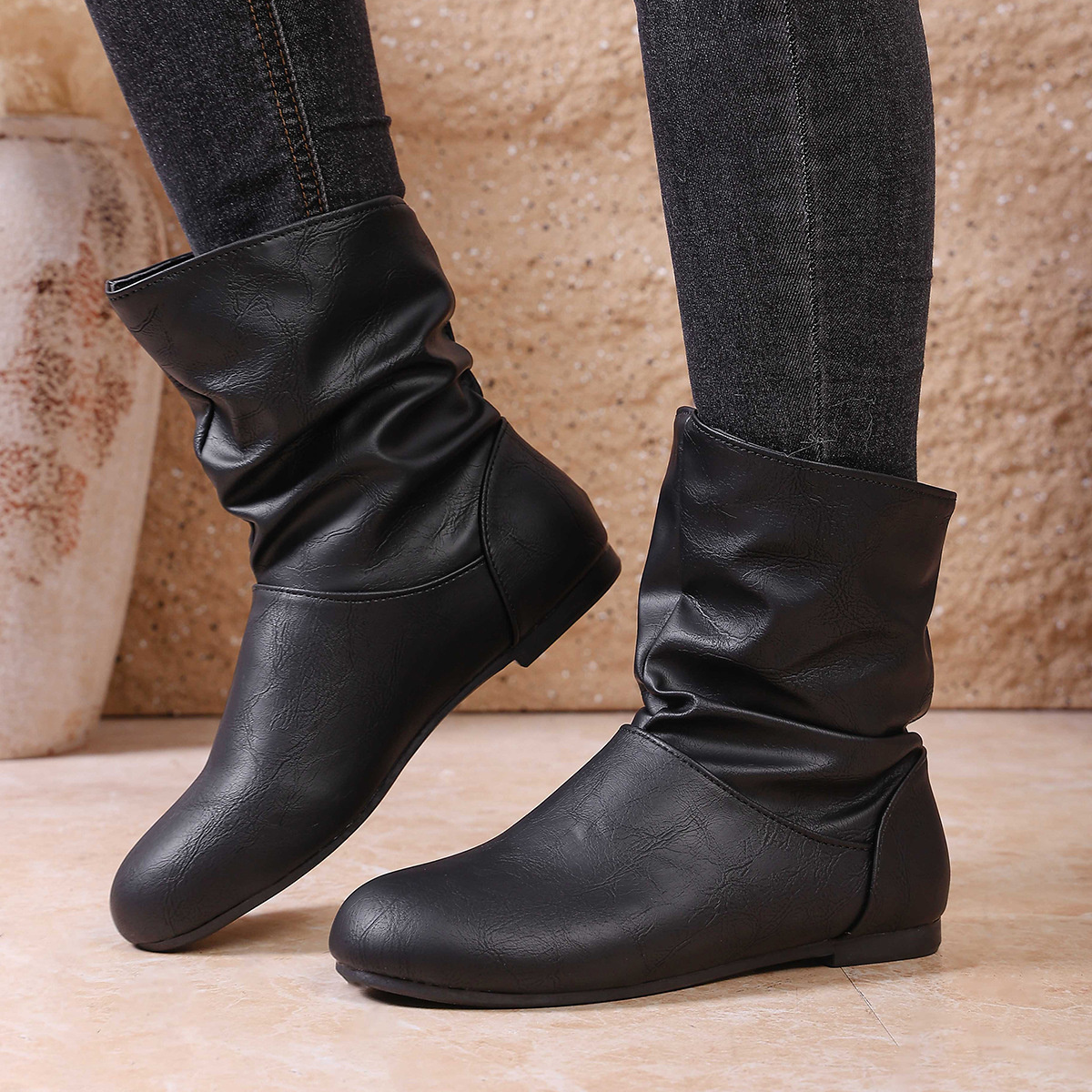 Flat Ankle Boots with Wrinkled Design