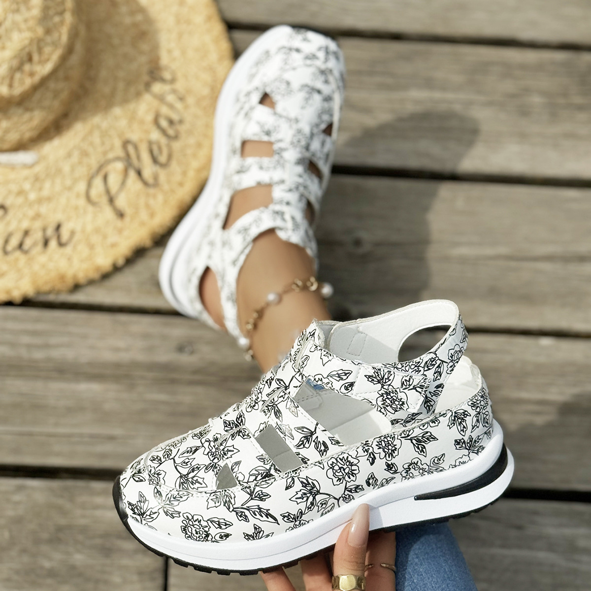 Cutout Velcro Sandals