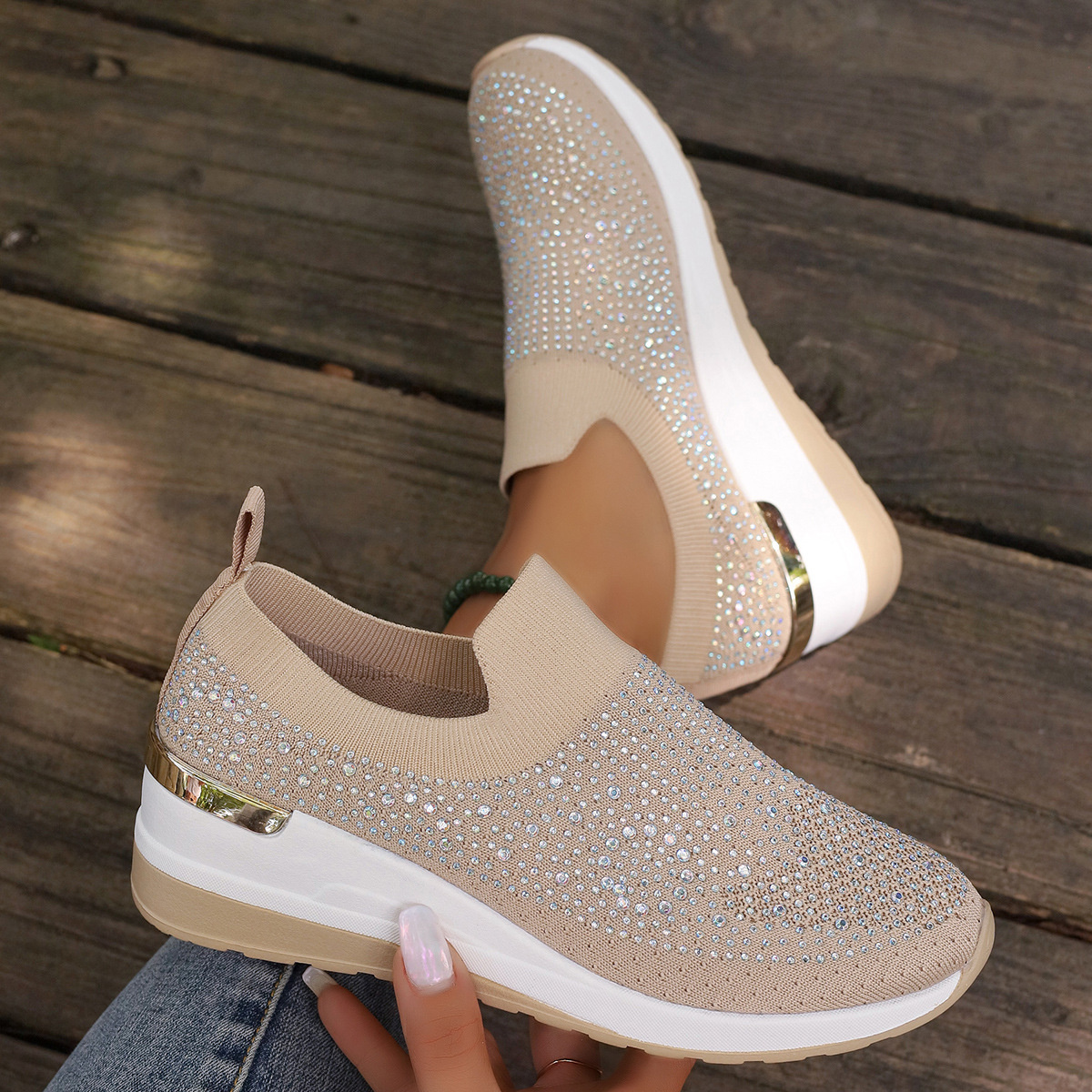 Rhinestone Round Toe Slip-Ons