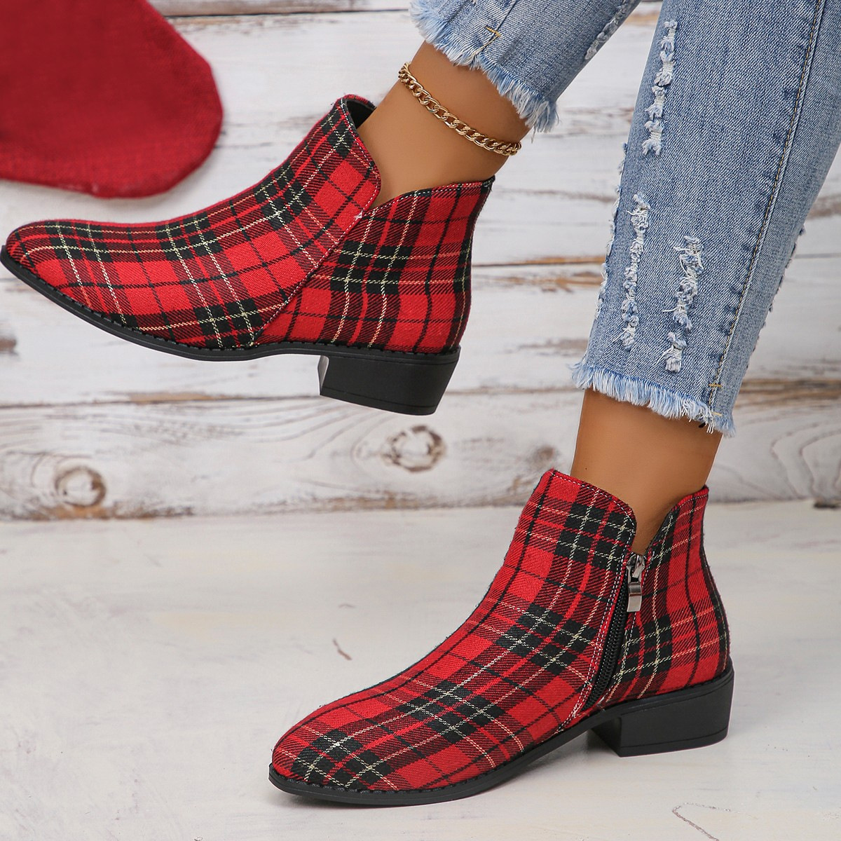 Plaid Point Toe Ankle Boots