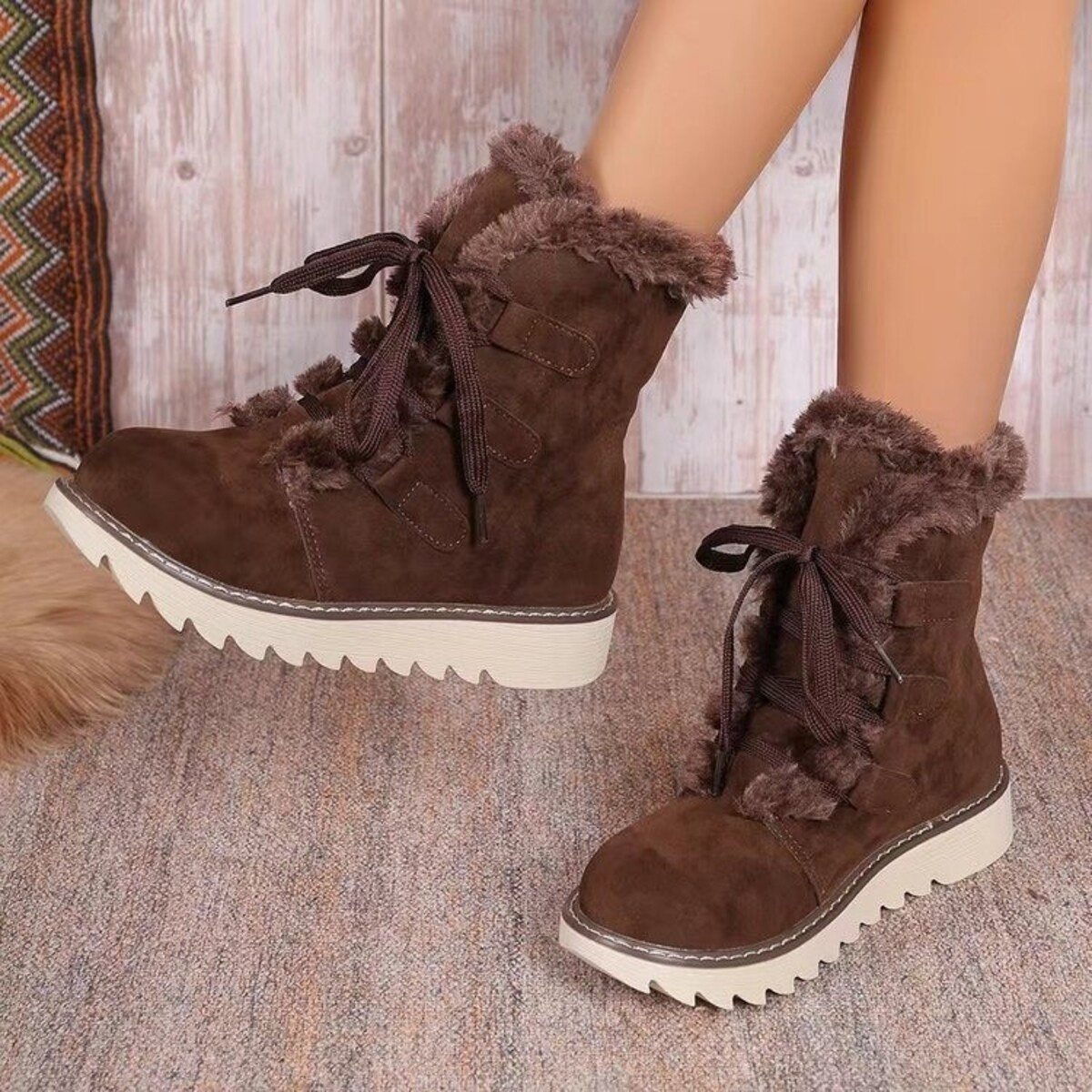 Fuzzy Trim Lace-Up Boots
