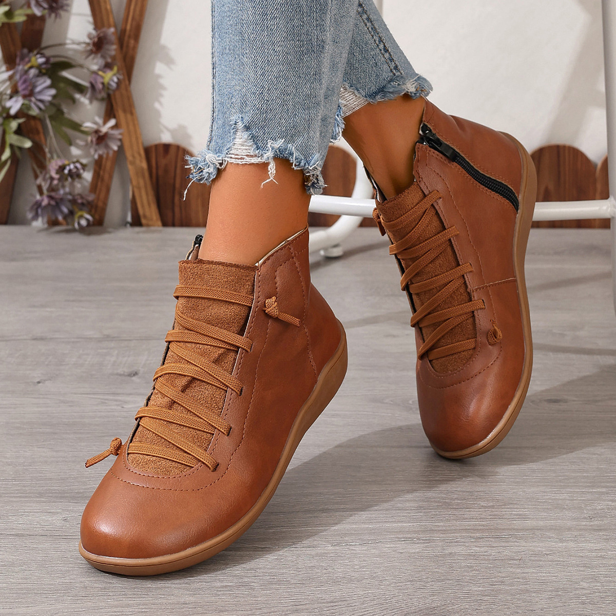 Lace-Up Faux Leather Ankle Boots