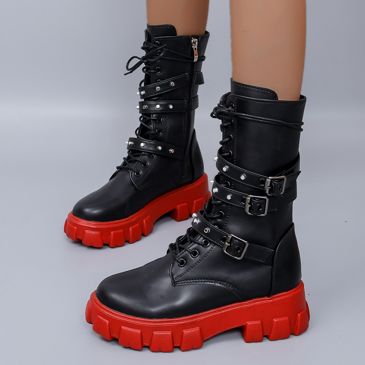 Buckled Lace-Up Combat Boots