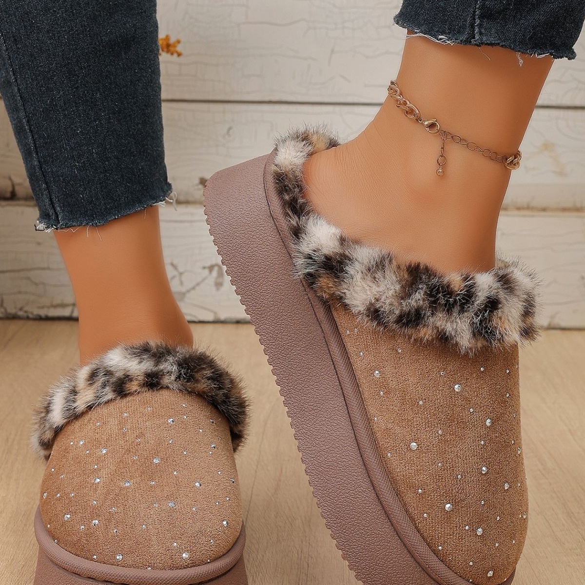 Rhinestone Faux Fur Platform Slippers