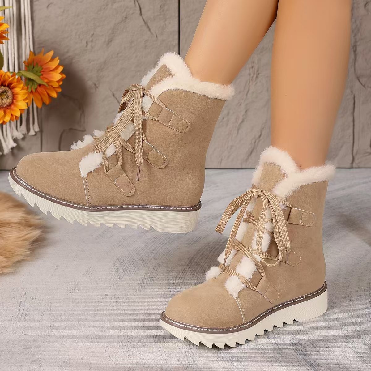 Fuzzy Trim Lace-Up Boots