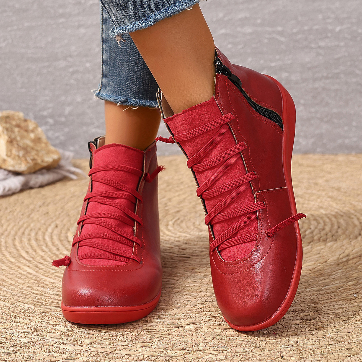Lace-Up Faux Leather Ankle Boots