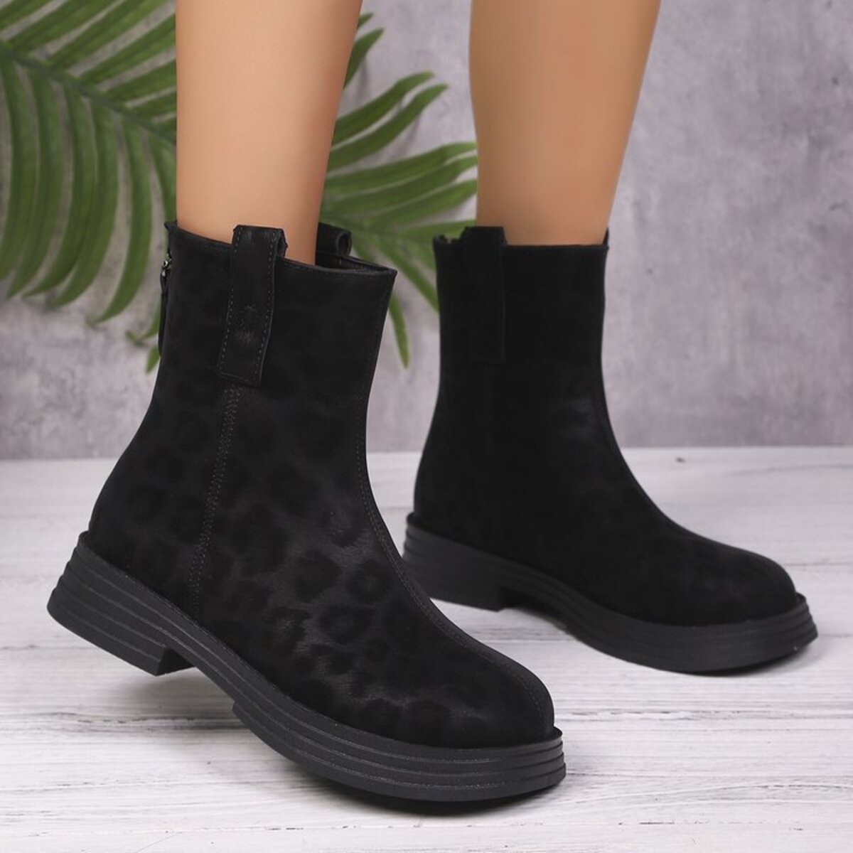 Leopard Round Toe Block Heels Boots