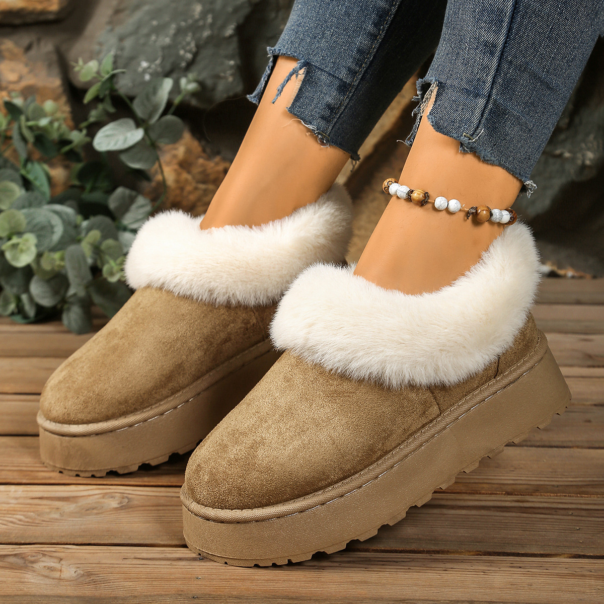 Fuzzy Trim Round Toe Platform Boots
