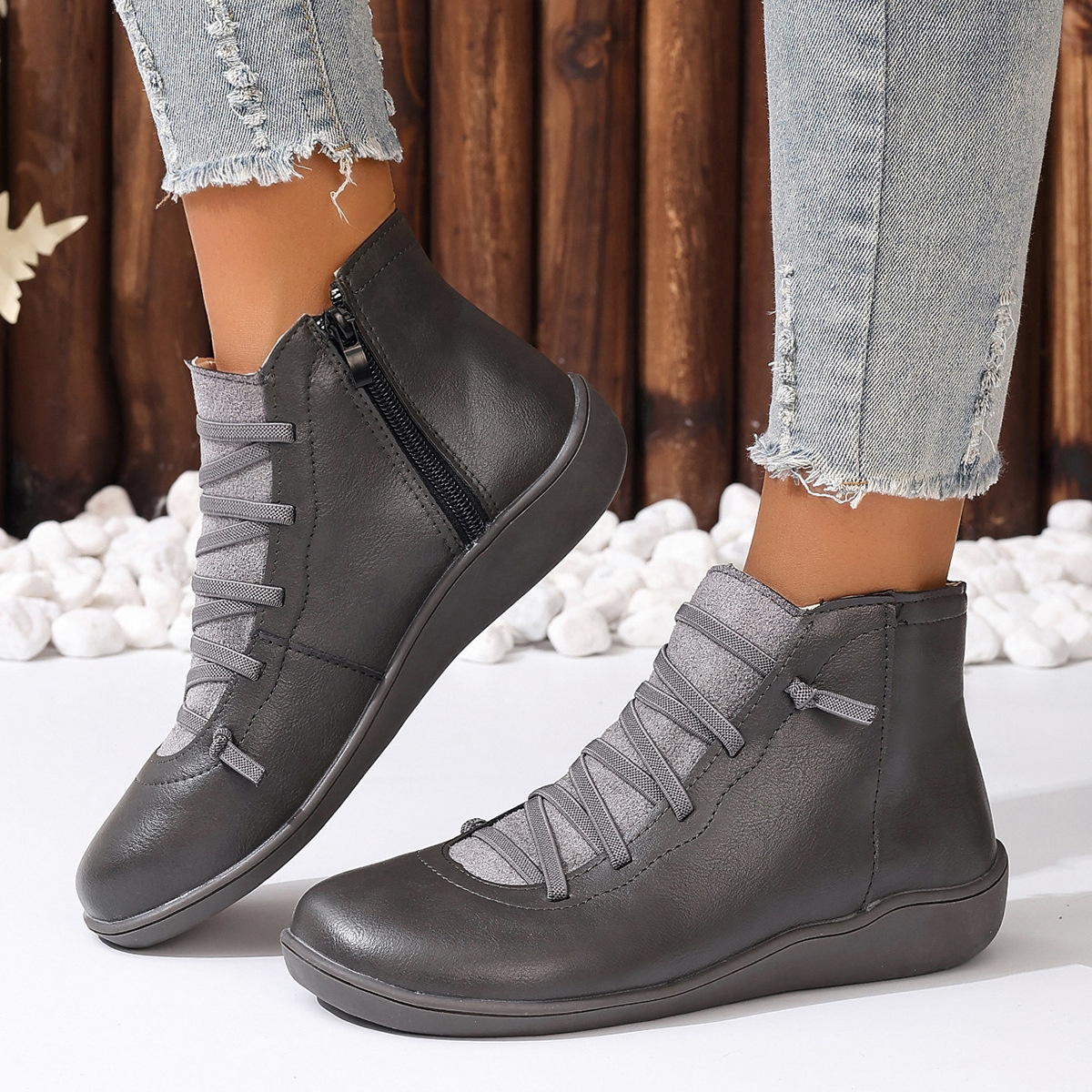Lace-Up Faux Leather Ankle Boots