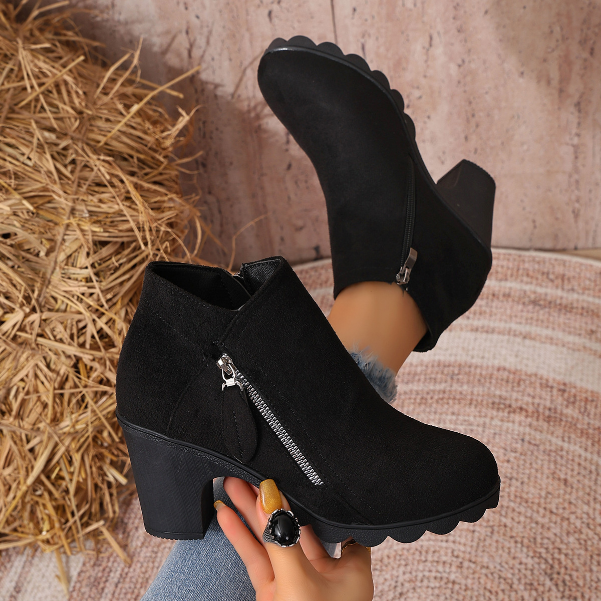 Round Toe Block Heels Boots