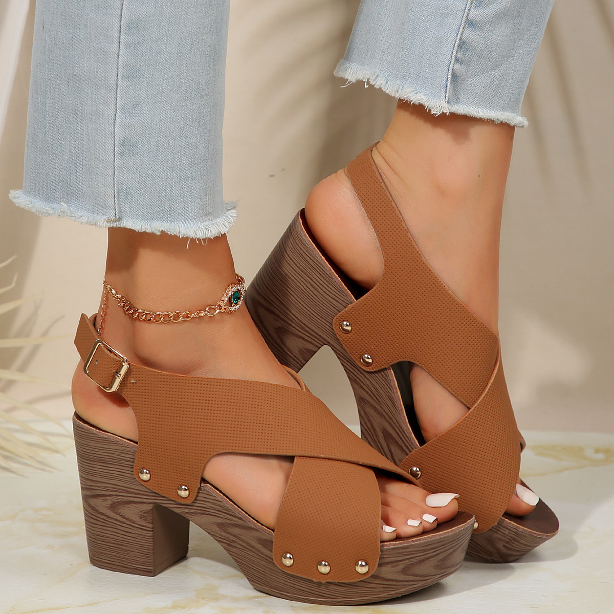 Crisscross Block Heels Sandals