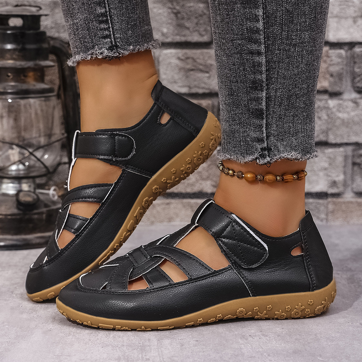Cutout Sandals with Velcro Straps