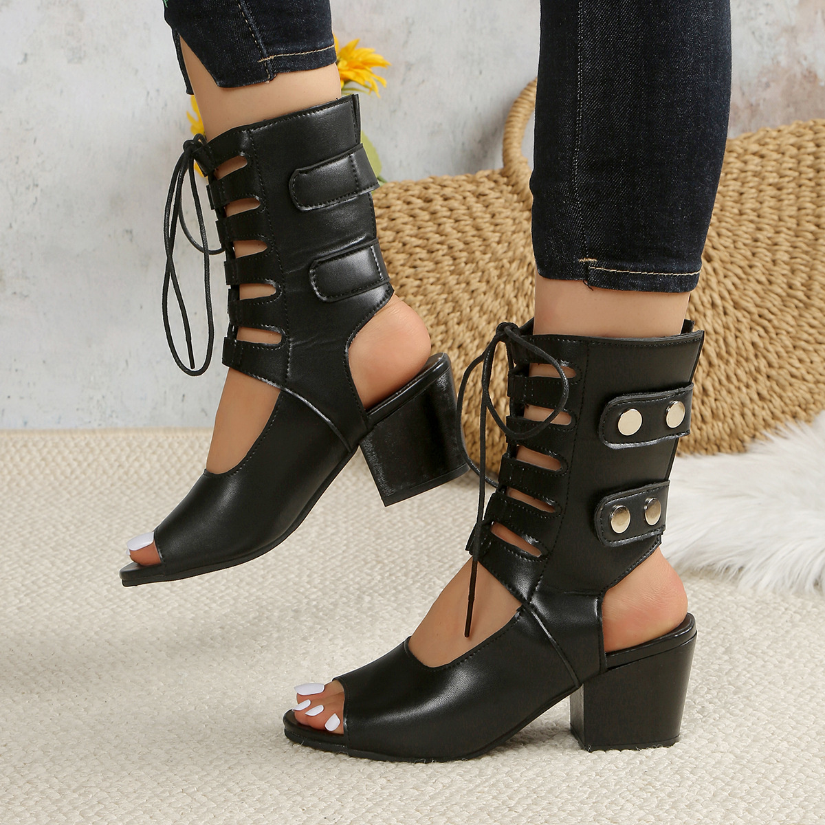 Lace Up Block Heels Sandals