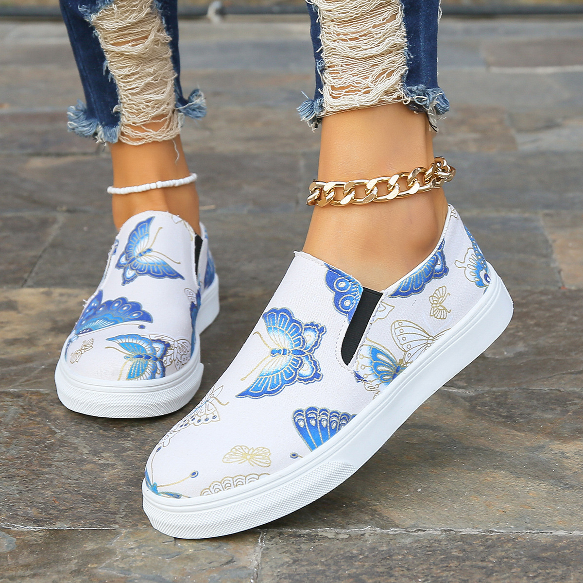 Butterfly Print Round Toe Slip-Ons
