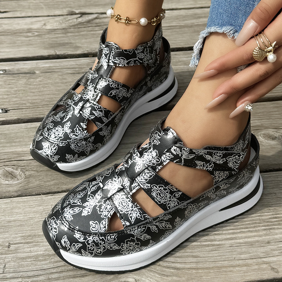 Cutout Velcro Sandals