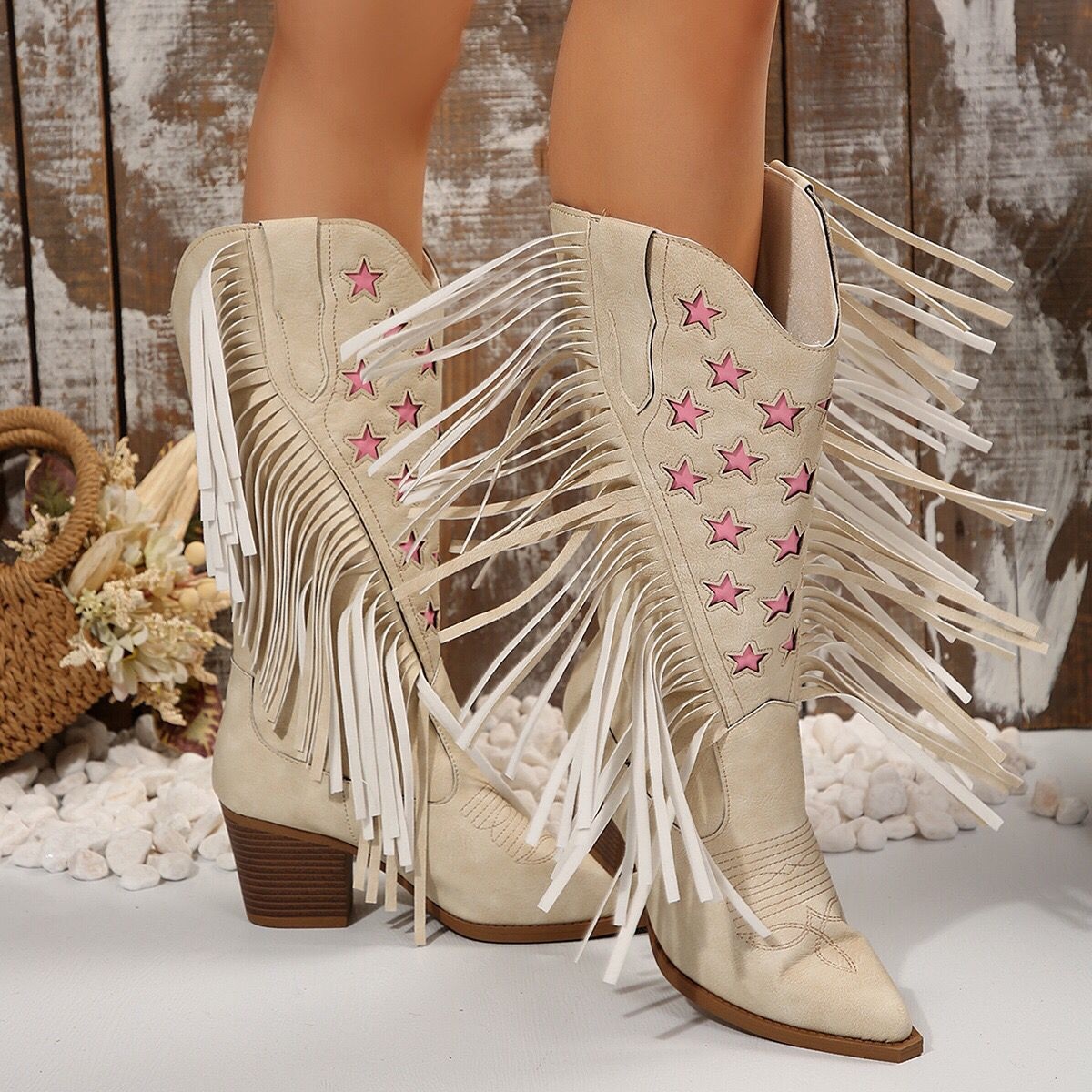 Star Fringe Block Heel Boots