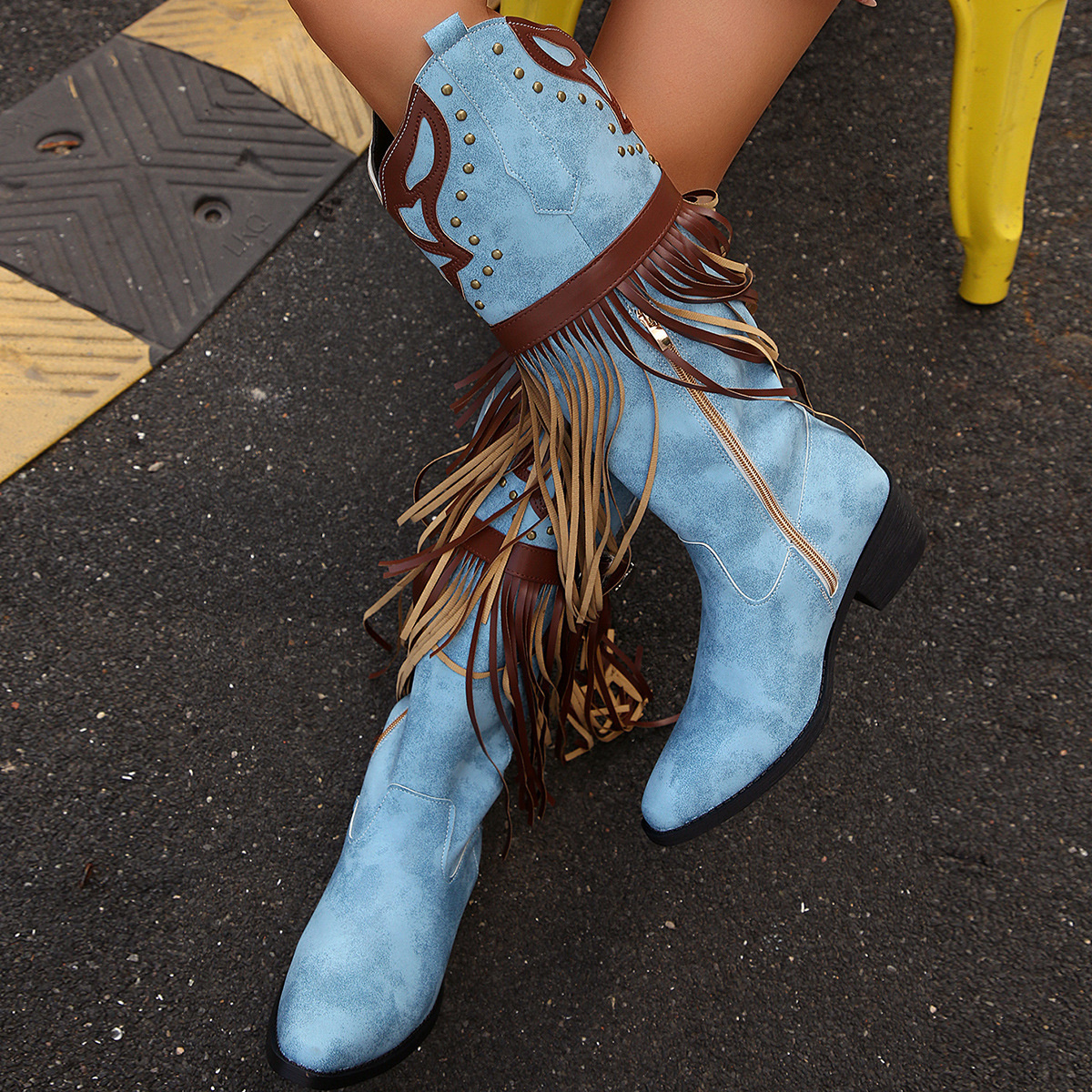 Fringe Block Heel Boots